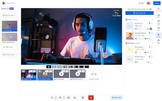 A live StreamYard broadcast with a host and on-screen guests A live StreamYard broadcast with a host and on-screen guests