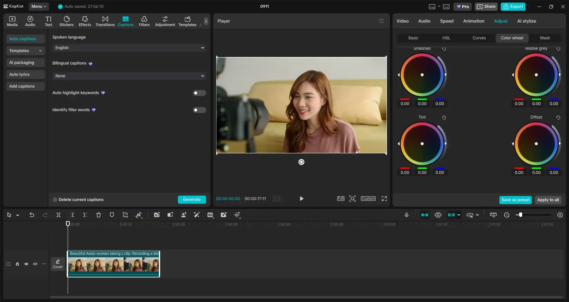 Adding auto-captions and color grading to a clip in CapCut Adding auto-captions and color grading to a clip in CapCut