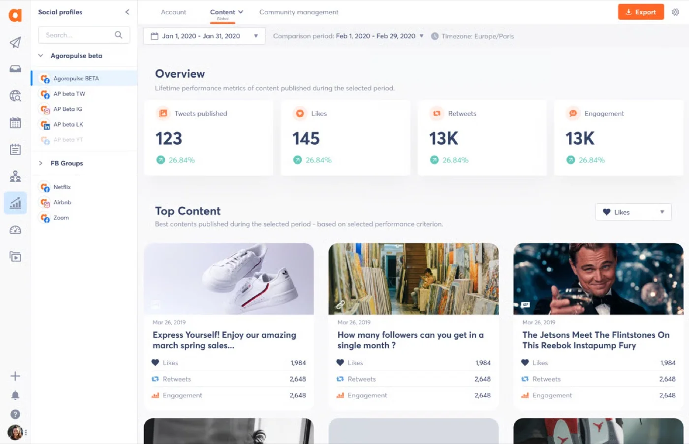 Agorapulse's reporting dashboard, with reach and engagement totals Agorapulse's reporting dashboard, with reach and engagement totals