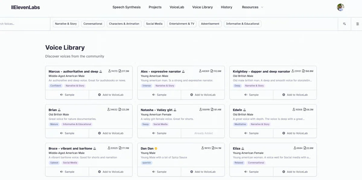 Browsing AI narrator voices in the ElevenLabs Voice Library Browsing AI narrator voices in the ElevenLabs Voice Library
