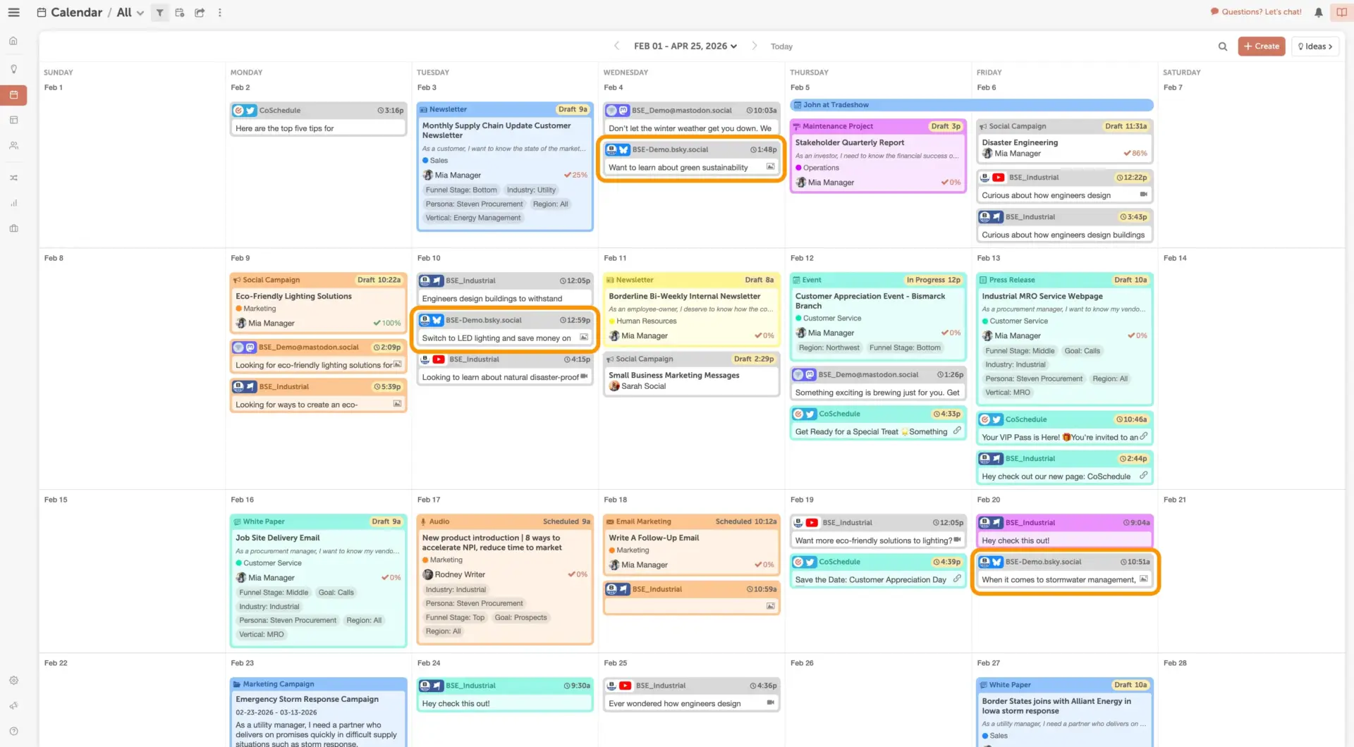 CoSchedule unified marketing calendar showing social posts alongside campaigns and email in one view CoSchedule unified marketing calendar showing social posts alongside campaigns and email in one view
