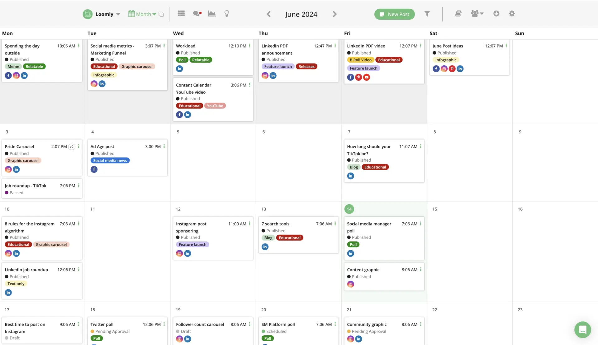 Loomly post approval workflow showing a scheduled post moving through review and client sign-off Loomly post approval workflow showing a scheduled post moving through review and client sign-off