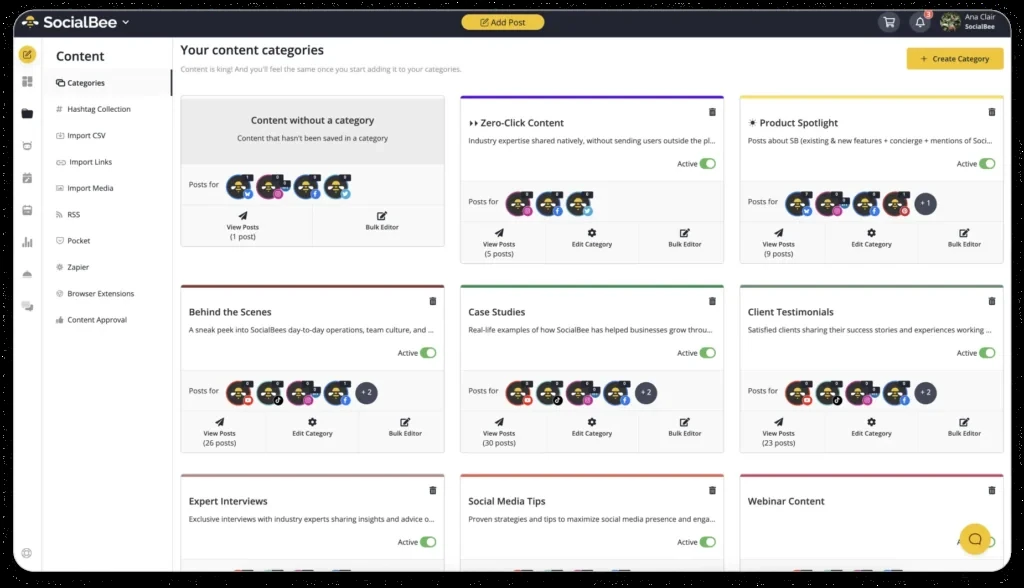 SocialBee content categories dashboard organizing posts into color-coded evergreen recycling queues SocialBee content categories dashboard organizing posts into color-coded evergreen recycling queues