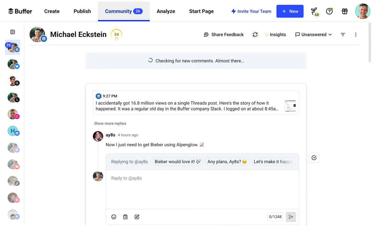Buffer community dashboard showing comments and mentions Buffer community dashboard showing comments and mentions