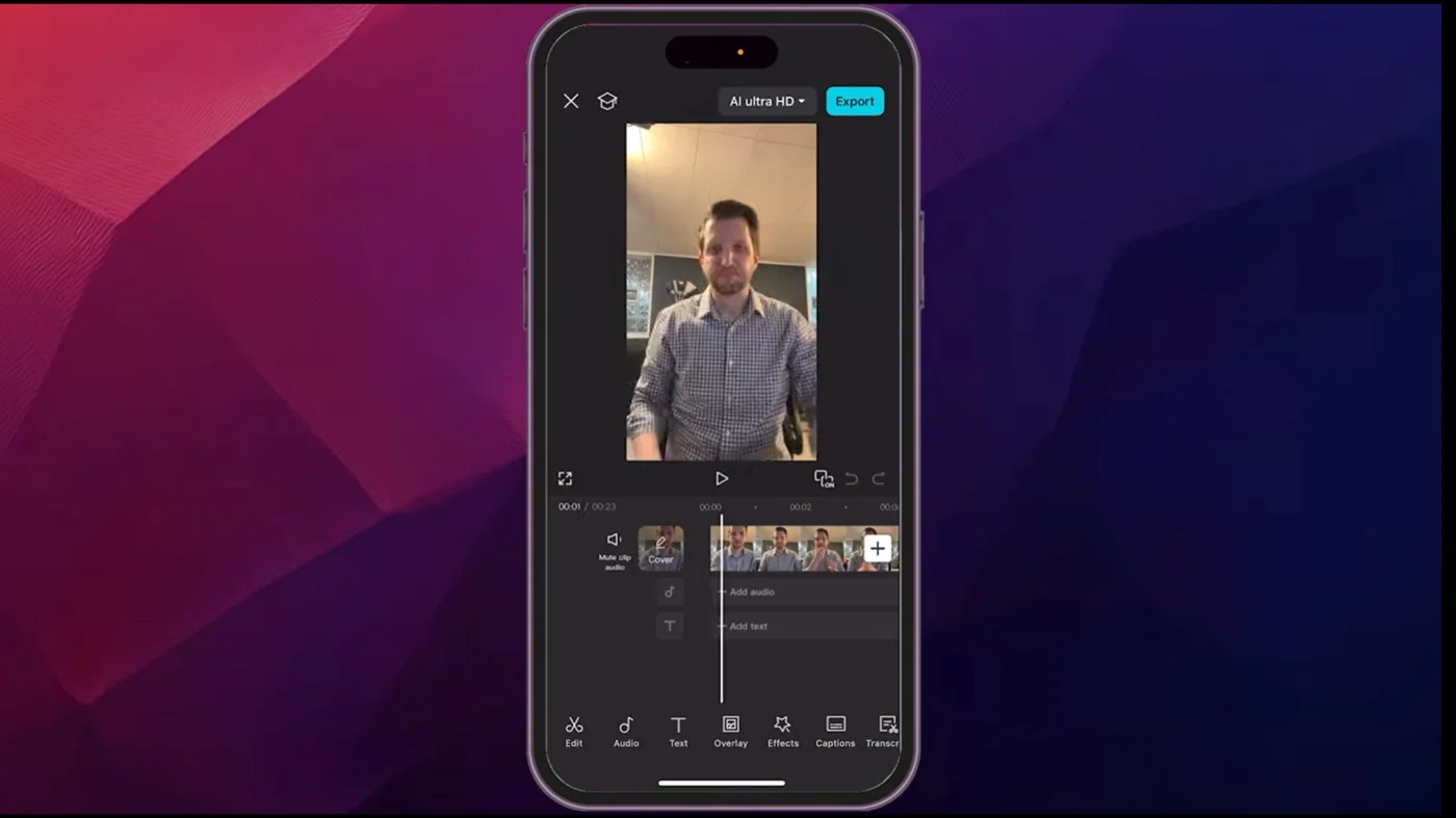 CapCut editing timeline with captions and export controls visible CapCut editing timeline with captions and export controls visible