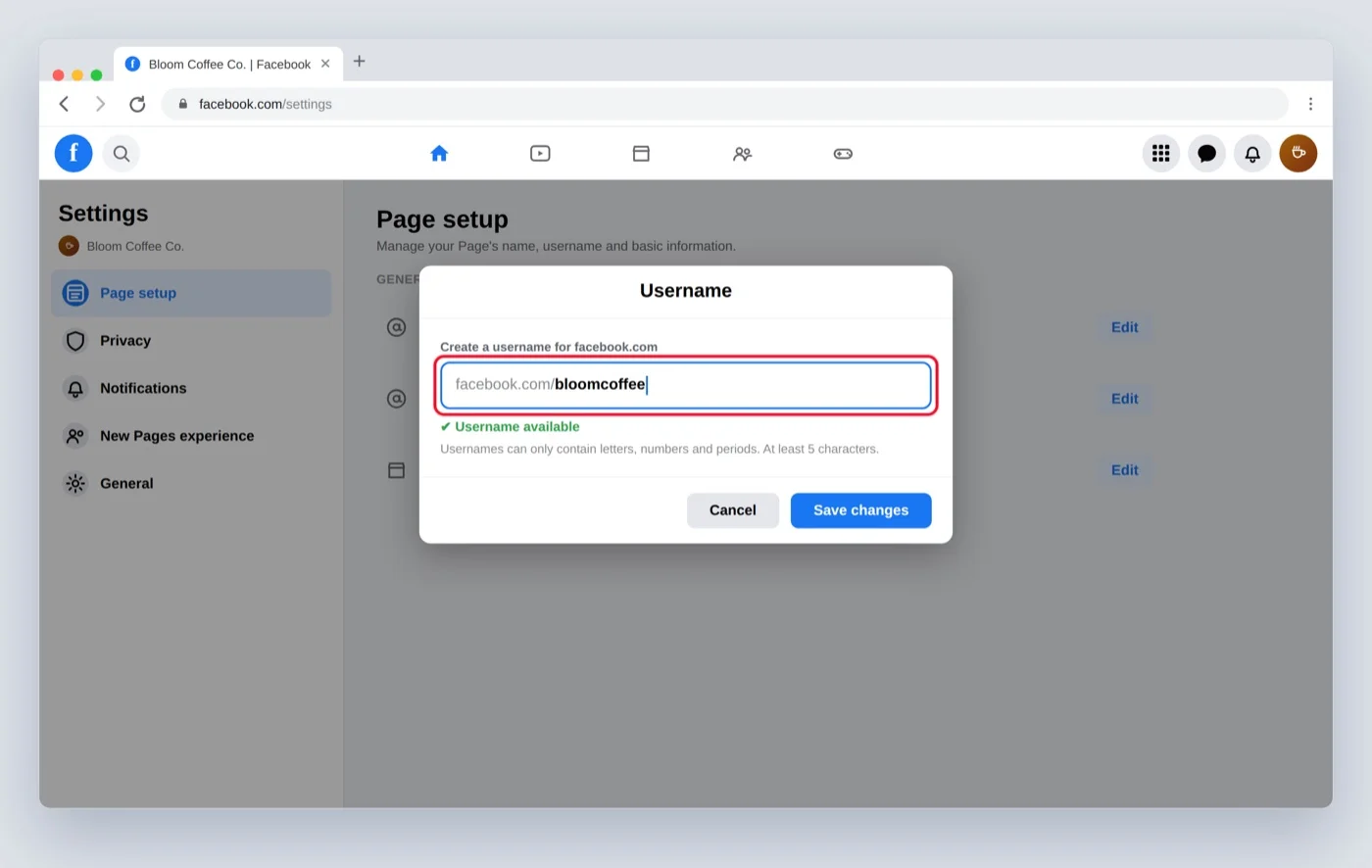 Facebook Page username dialog with the new username typed and marked available Facebook Page username dialog with the new username typed and marked available