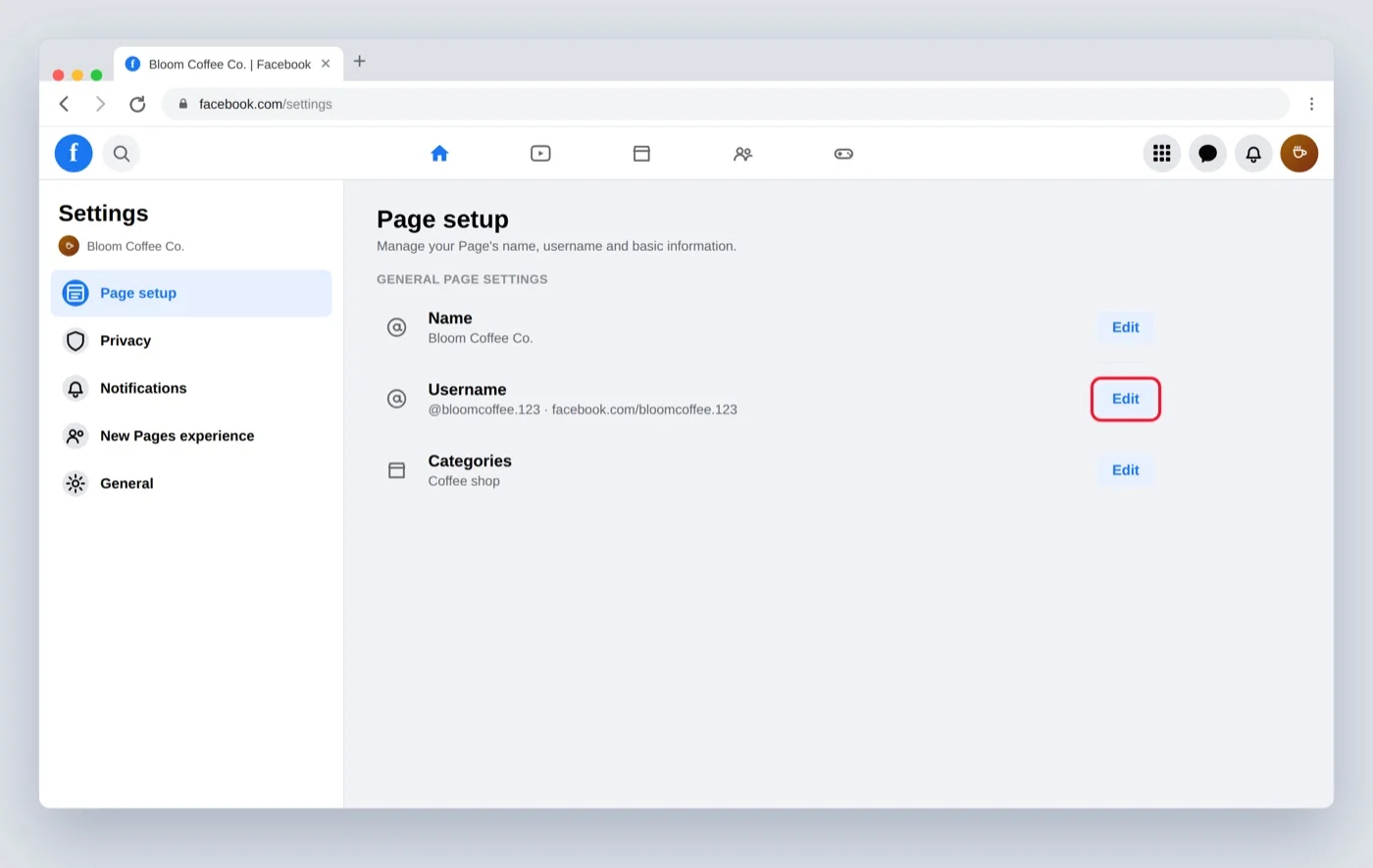 Facebook Page setup settings with a red box on Edit next to the Username row Facebook Page setup settings with a red box on Edit next to the Username row