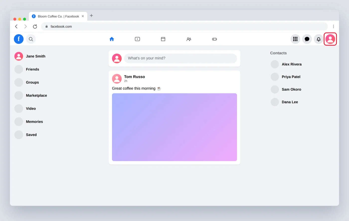 Facebook desktop with a red box on the top-right profile photo to start changing a Page username Facebook desktop with a red box on the top-right profile photo to start changing a Page username
