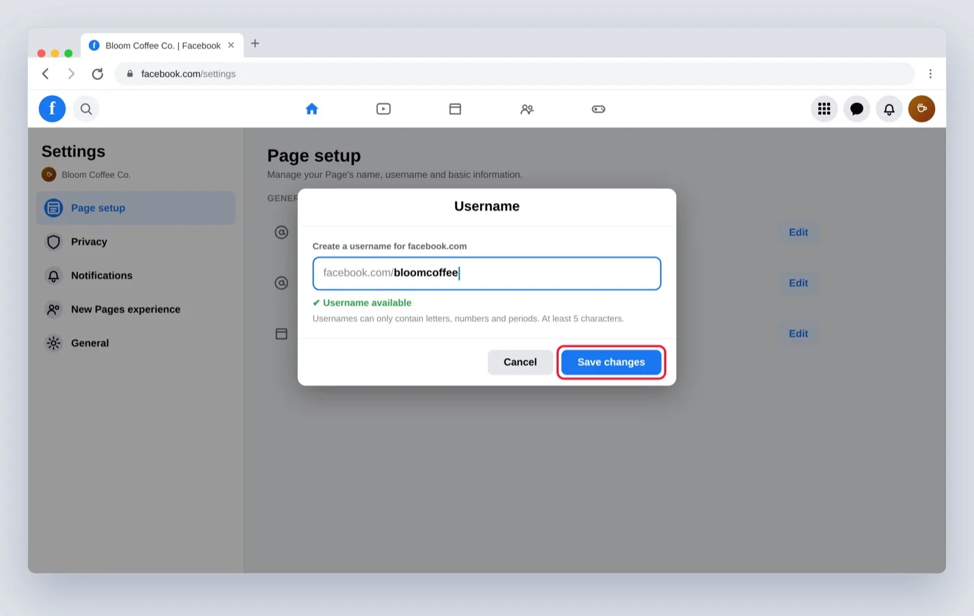 Facebook Page username dialog with a red box on the blue Save changes button Facebook Page username dialog with a red box on the blue Save changes button