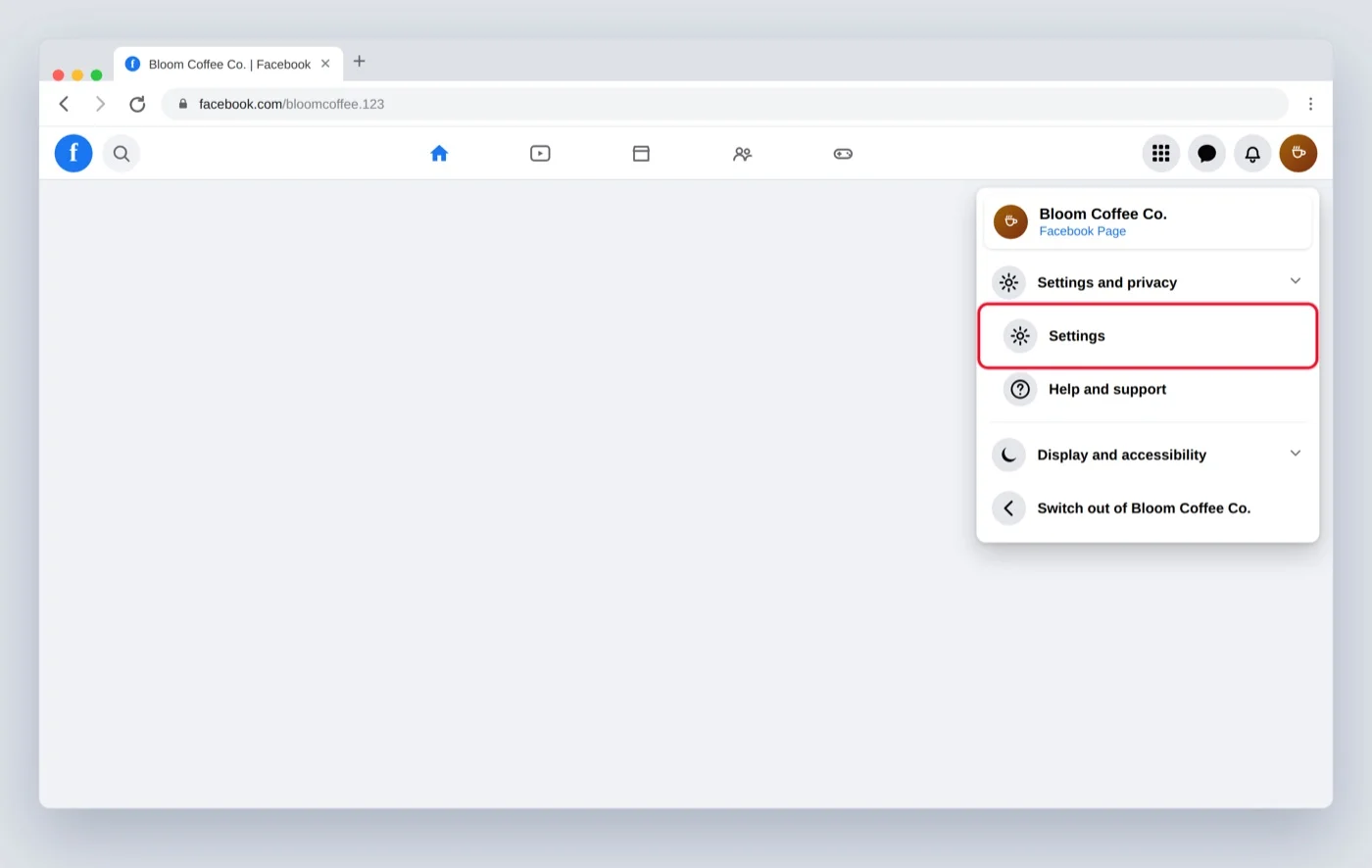 Facebook Page menu open on desktop with Settings and privacy expanded and a red box on Settings Facebook Page menu open on desktop with Settings and privacy expanded and a red box on Settings