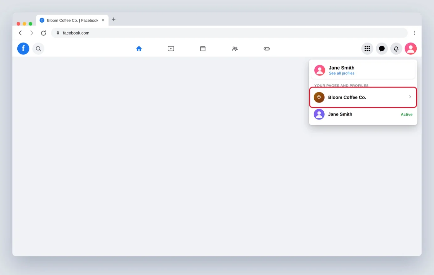 Facebook profile switcher open with a red box on the Page to switch into it Facebook profile switcher open with a red box on the Page to switch into it