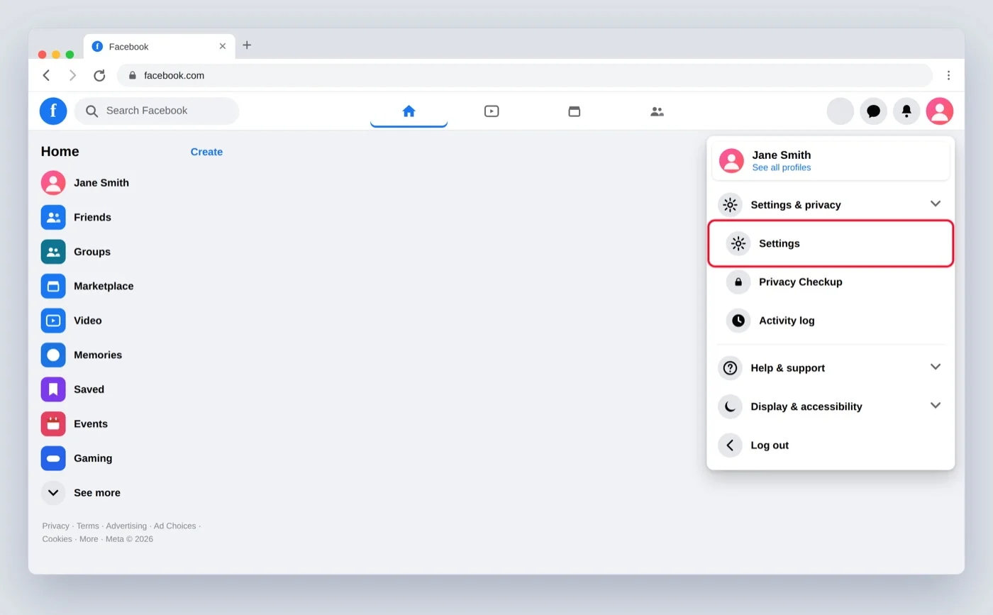 Facebook Settings page with a red box on Accounts Center Facebook Settings page with a red box on Accounts Center