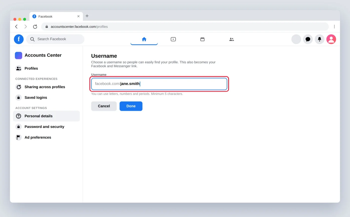 Facebook username editor showing the username is available with a red box on the Done button Facebook username editor showing the username is available with a red box on the Done button