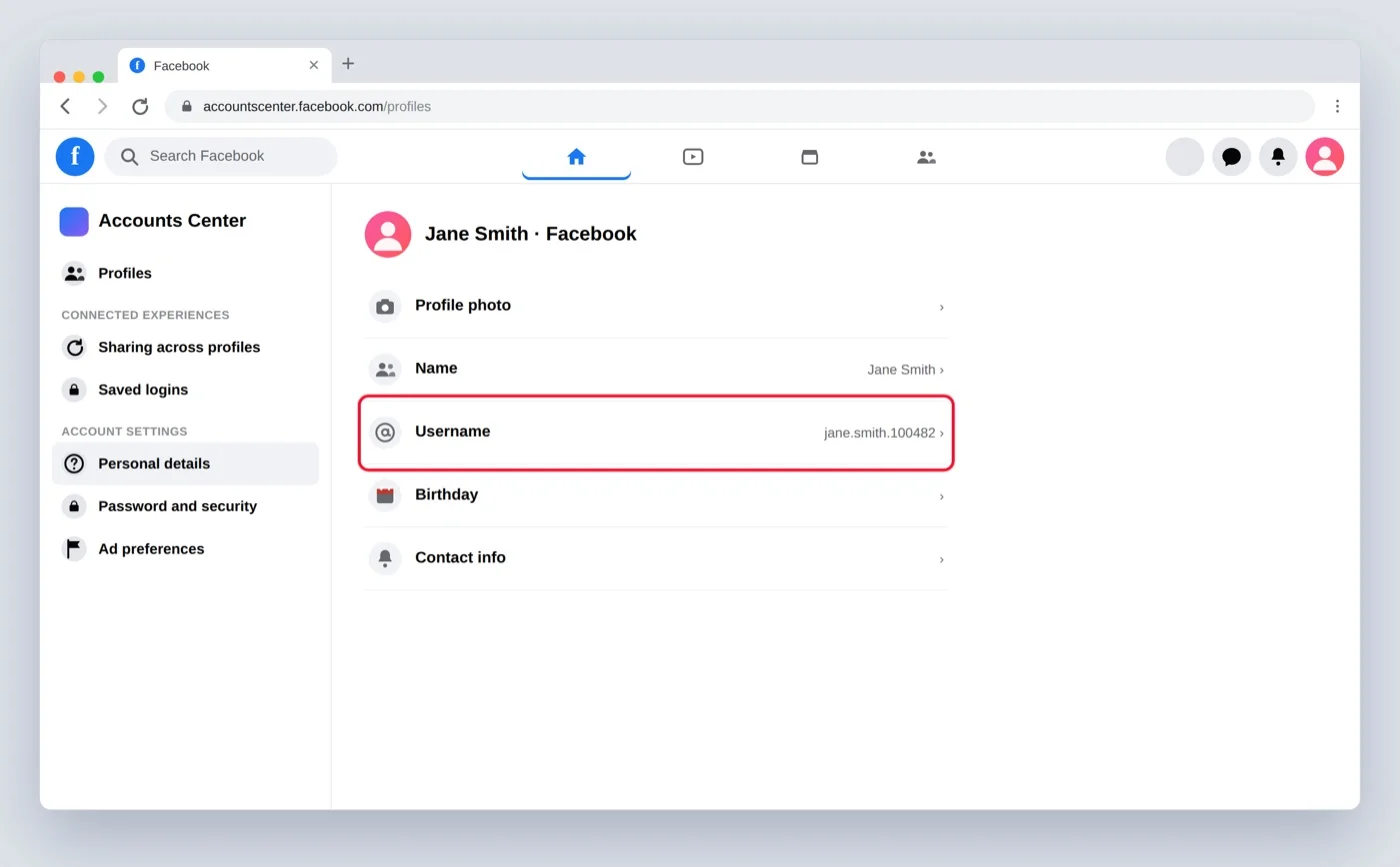 Facebook username editor with the new username typed and a red box on the input field Facebook username editor with the new username typed and a red box on the input field