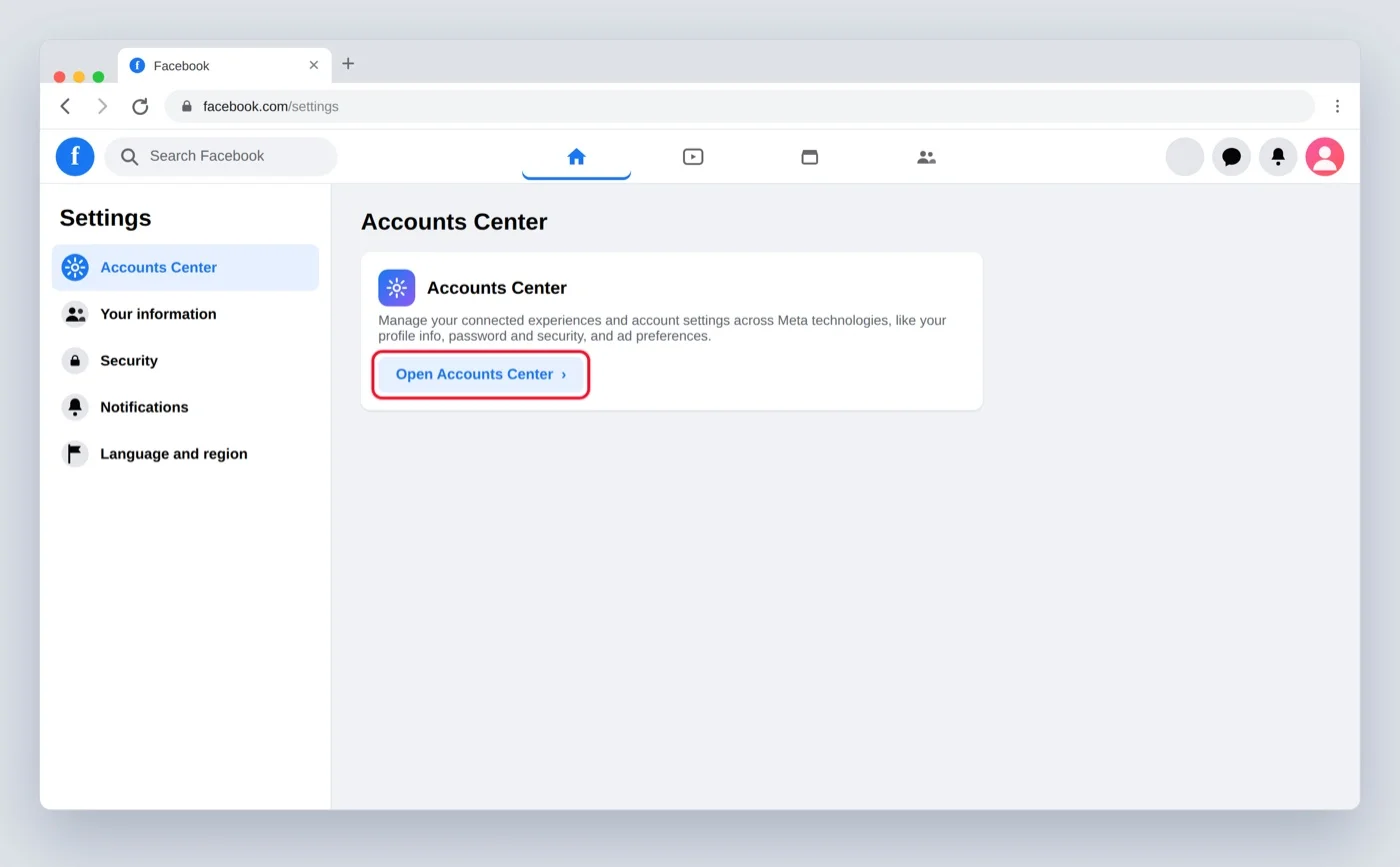 Accounts Center Profiles list with a red box on the Facebook profile to select Accounts Center Profiles list with a red box on the Facebook profile to select