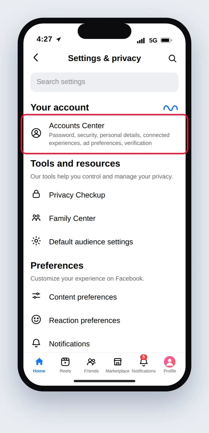 Settings screen in the Facebook app with a red box on Accounts Center Settings screen in the Facebook app with a red box on Accounts Center