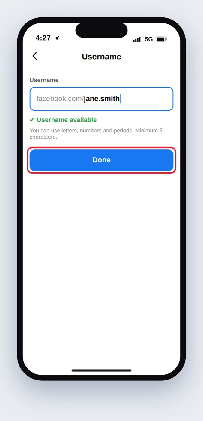 Username editor in the Facebook app with the new username available and a red box on Done Username editor in the Facebook app with the new username available and a red box on Done