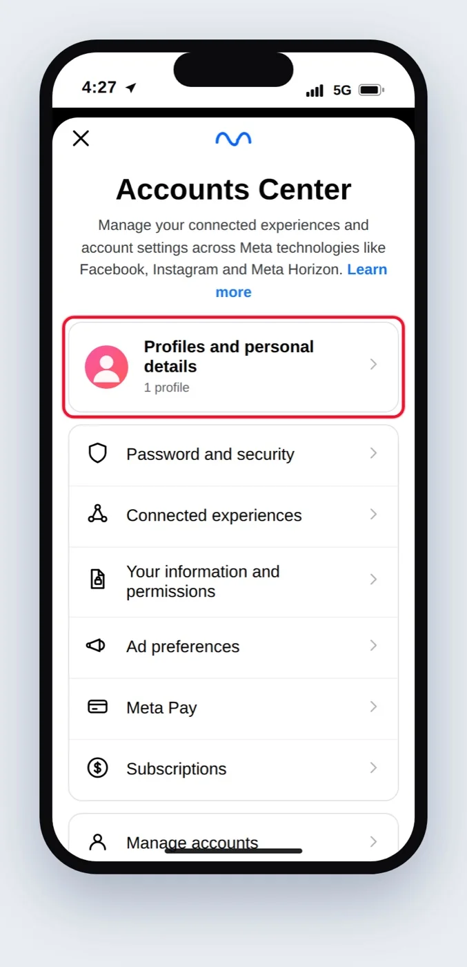Accounts Center Profiles in the Facebook app with a red box on the Facebook profile to select Accounts Center Profiles in the Facebook app with a red box on the Facebook profile to select