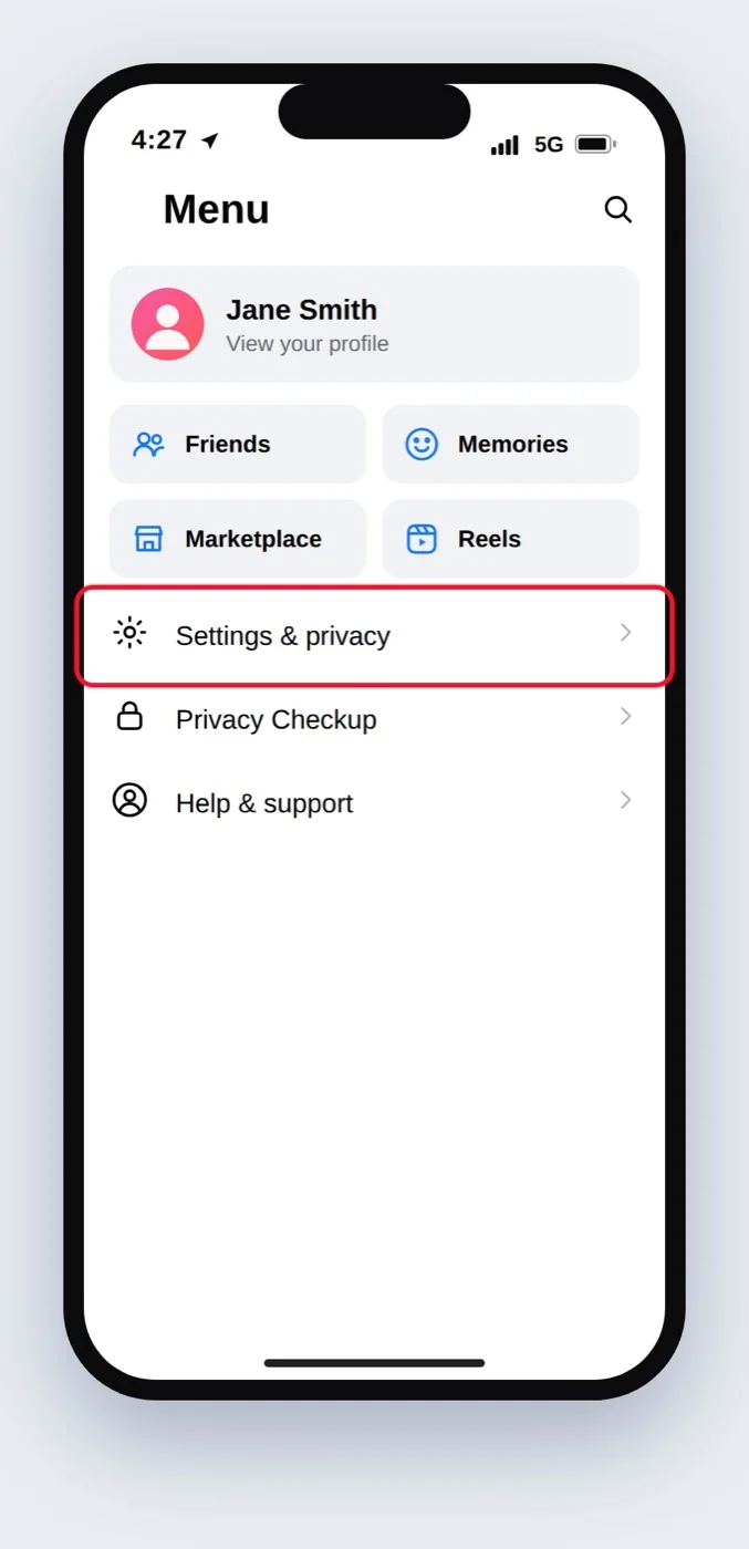 Facebook app menu with Settings and privacy expanded and a red box on Settings Facebook app menu with Settings and privacy expanded and a red box on Settings