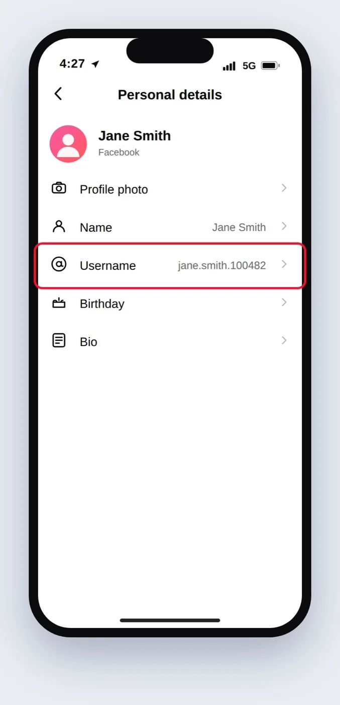 Profile personal details in the Facebook app with a red box on the Username row Profile personal details in the Facebook app with a red box on the Username row