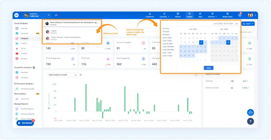 ContentStudio Instagram analytics with account picker and date range selector ContentStudio Instagram analytics with account picker and date range selector