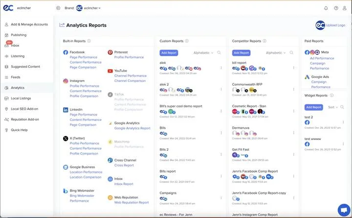 eClincher Analytics Reports page listing built-in, custom, competitor, paid and widget reports eClincher Analytics Reports page listing built-in, custom, competitor, paid and widget reports