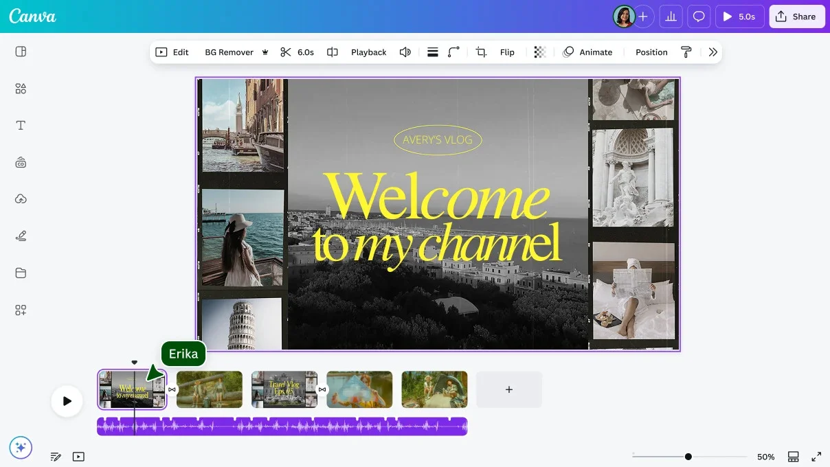 Editing a YouTube channel intro video with music in Canva Editing a YouTube channel intro video with music in Canva