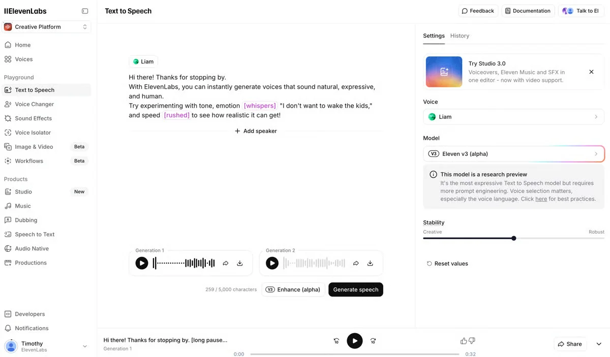 Generating an AI voiceover with the Eleven v3 text-to-speech tool Generating an AI voiceover with the Eleven v3 text-to-speech tool