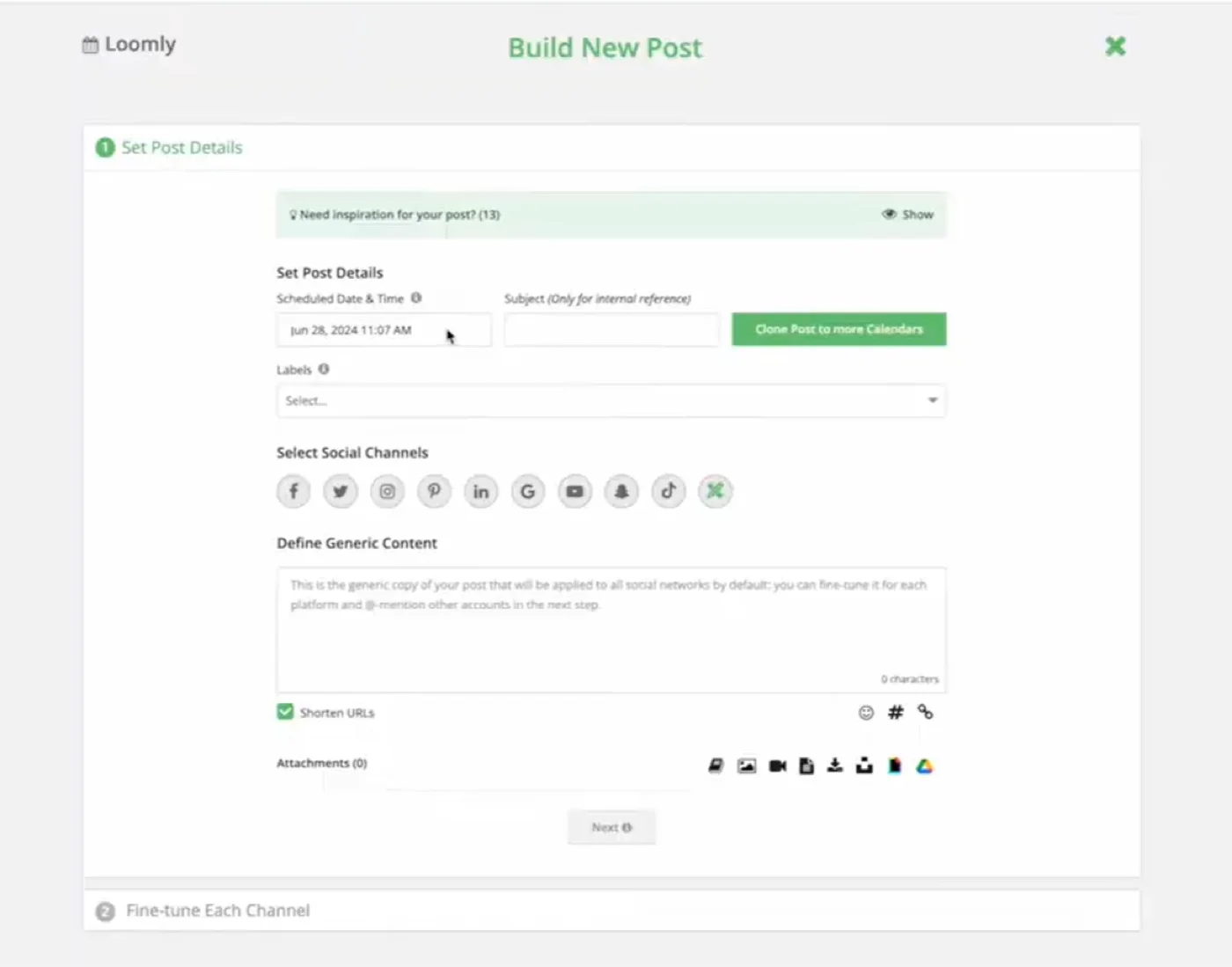 Loomly post builder with TikTok among the social channel options Loomly post builder with TikTok among the social channel options