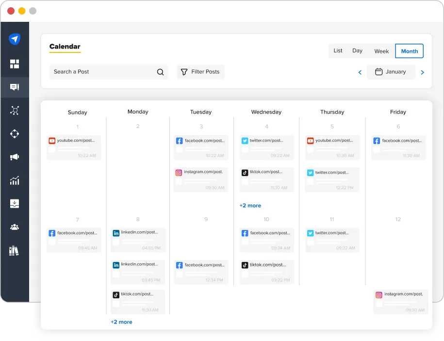 SocialPilot content calendar with scheduled posts across connected social accounts SocialPilot content calendar with scheduled posts across connected social accounts