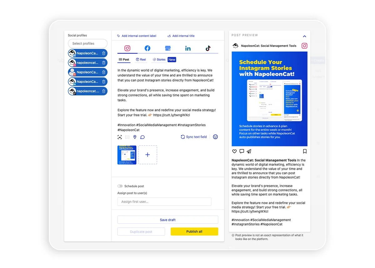NapoleonCat post composer with a live Instagram post preview. NapoleonCat post composer with a live Instagram post preview.
