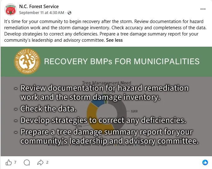 N.C. Forest Service Facebook post with a storm-recovery checklist tied to one clear goal N.C. Forest Service Facebook post with a storm-recovery checklist tied to one clear goal