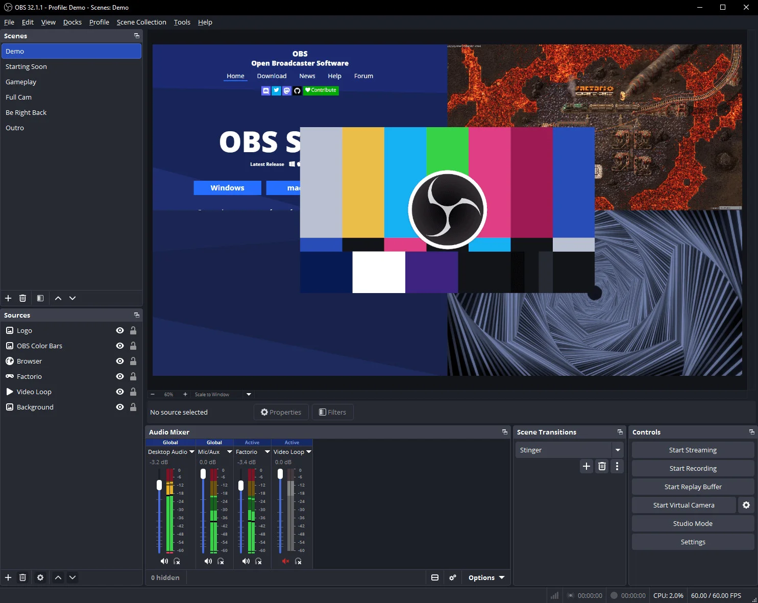 OBS Studio's interface with scenes, sources, and audio mixer OBS Studio's interface with scenes, sources, and audio mixer