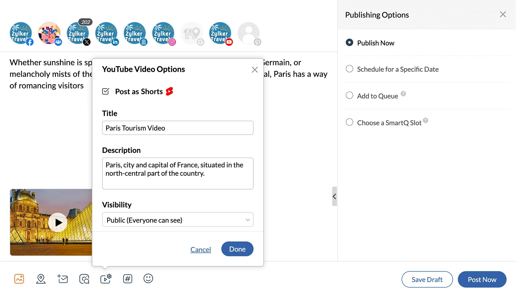 Publishing a YouTube video with title and description in Zoho Social Publishing a YouTube video with title and description in Zoho Social