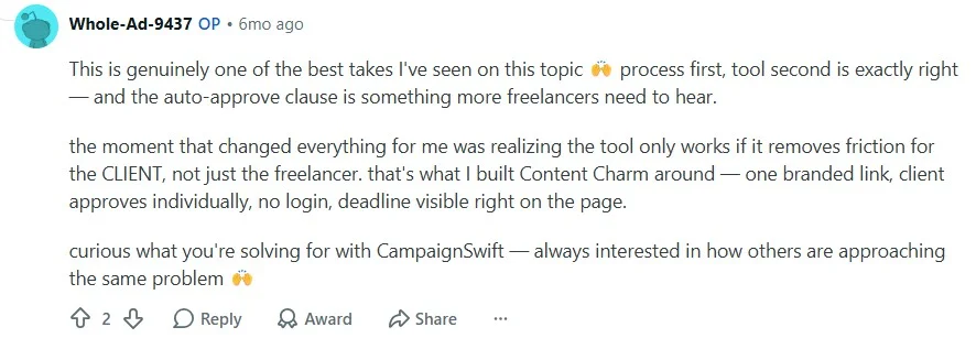 Reddit comment on removing approval friction for the client Reddit comment on removing approval friction for the client