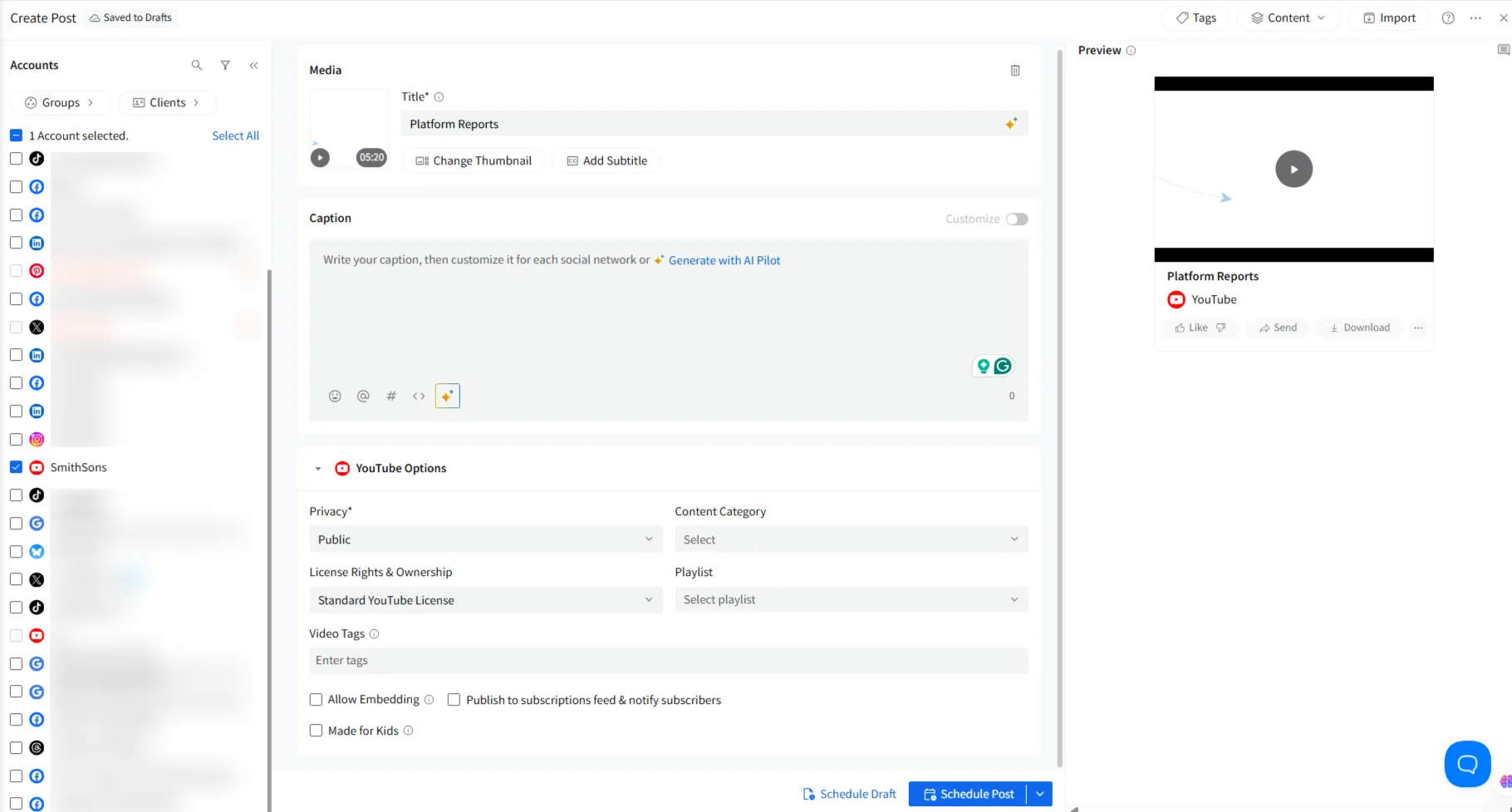 Scheduling a YouTube video and Short in SocialPilot's post composer Scheduling a YouTube video and Short in SocialPilot's post composer