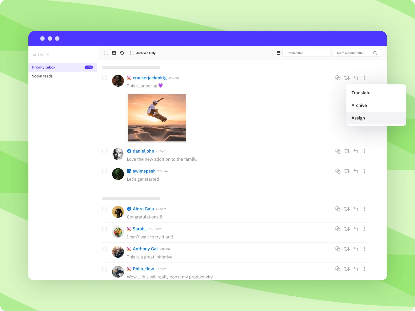 Sendible's Priority Inbox showing social messages in one shared feed Sendible's Priority Inbox showing social messages in one shared feed