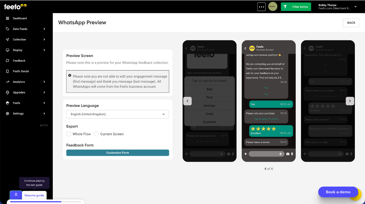 Feefo’s review collection feature where users can create review request messages and share them with their customers over WhatsApp.