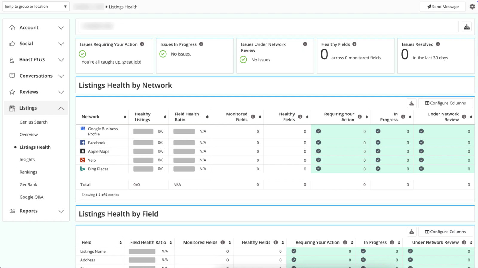 Moz Local’s listing overview dashboard displaying metrics such as listing health by network and listing health by field. The overview includes an overview of issues based on their status and health scares based on listing platforms.