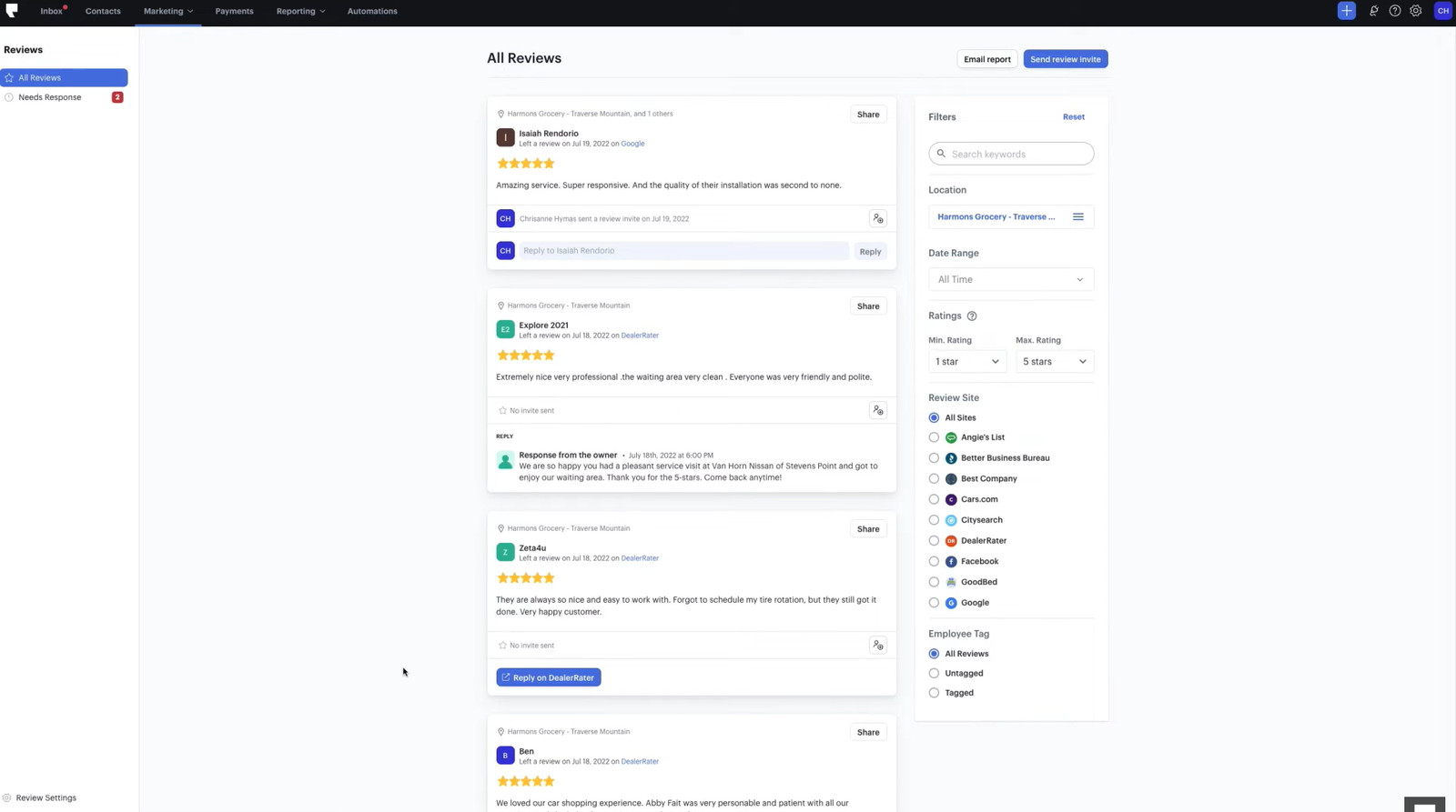Podium’s reviews overview dashboard where users can find all reviews, filter reviews by platform, date, ratings, or keywords, and reply to customer reviews.