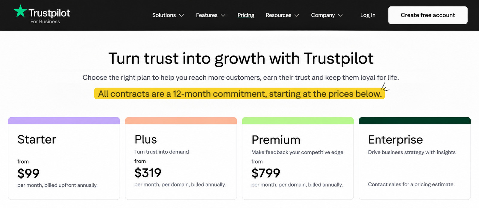 TrustPilot’s business pricing page stating that all contracts are a 12-month commitment, with pricing details for each tier.