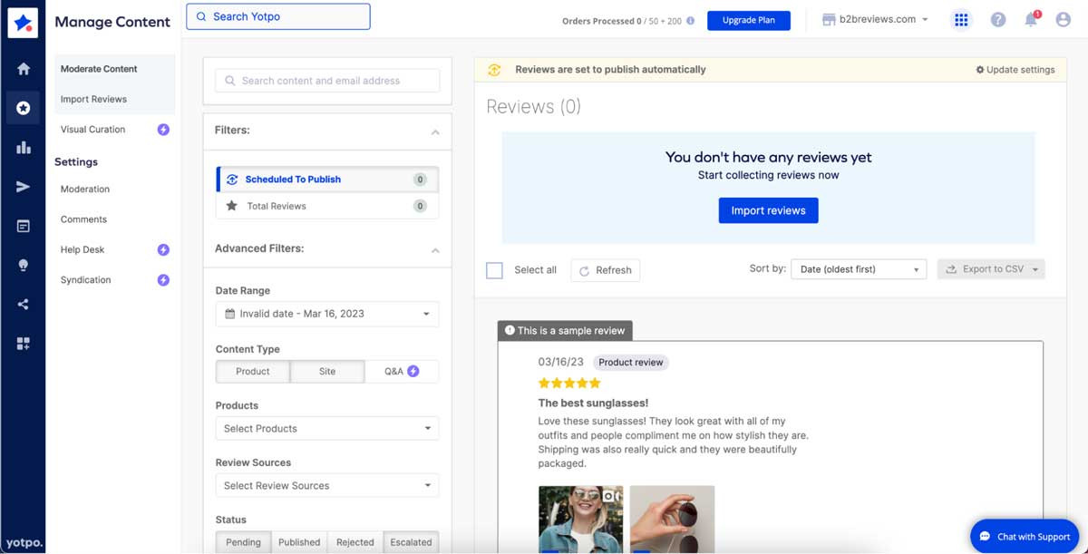 Yopto’s review management dashboard which displays the entire list of reviews a location has received. The list can be filtered based on date, content type, source, and status.