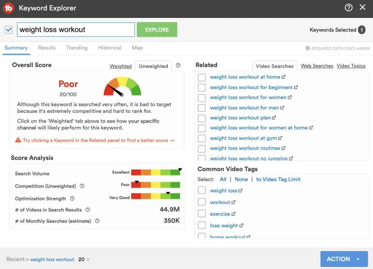 TubeBuddy Keyword Explorer scoring a search term's competition TubeBuddy Keyword Explorer scoring a search term's competition