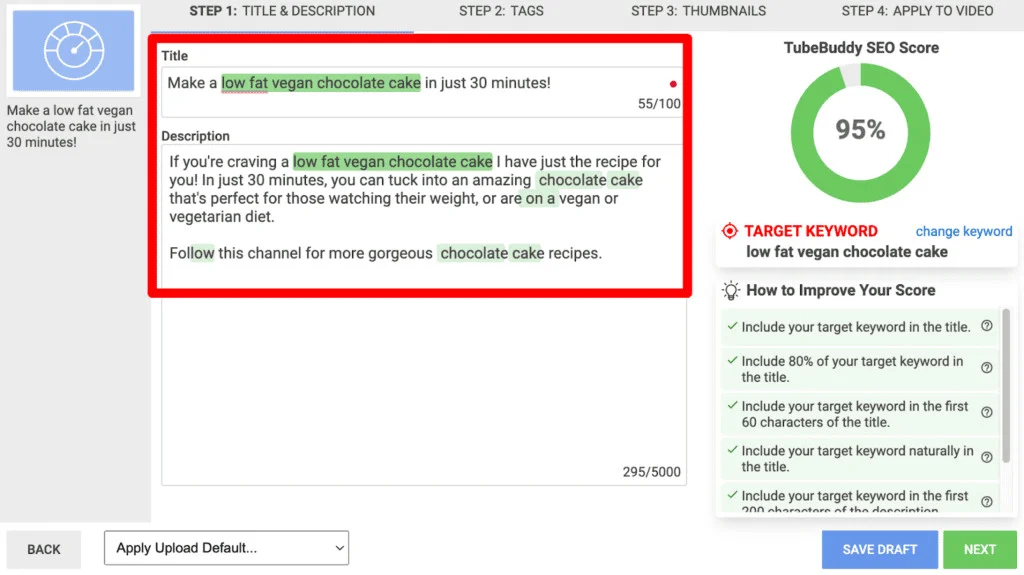 TubeBuddy's SEO score and keyword tips inside YouTube's upload screen TubeBuddy's SEO score and keyword tips inside YouTube's upload screen