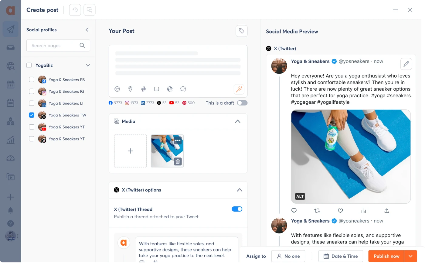 Agorapulse composer scheduling an X thread with live preview Agorapulse composer scheduling an X thread with live preview