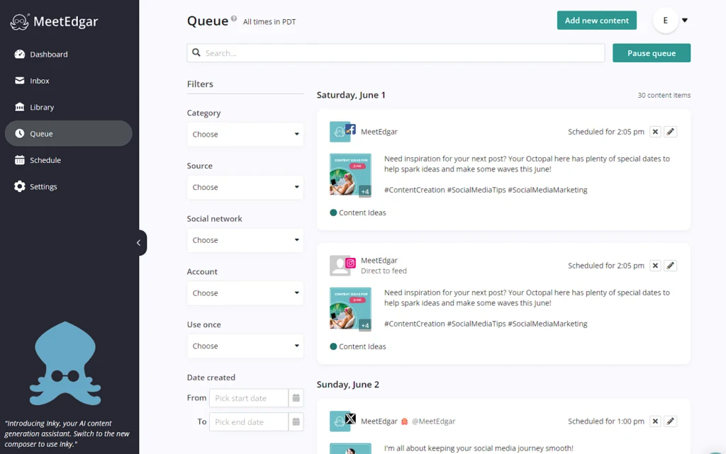 MeetEdgar queue showing scheduled posts by date and category MeetEdgar queue showing scheduled posts by date and category