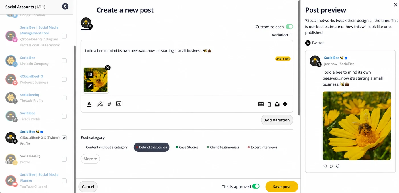 SocialBee composer assigning an X post to a content category SocialBee composer assigning an X post to a content category