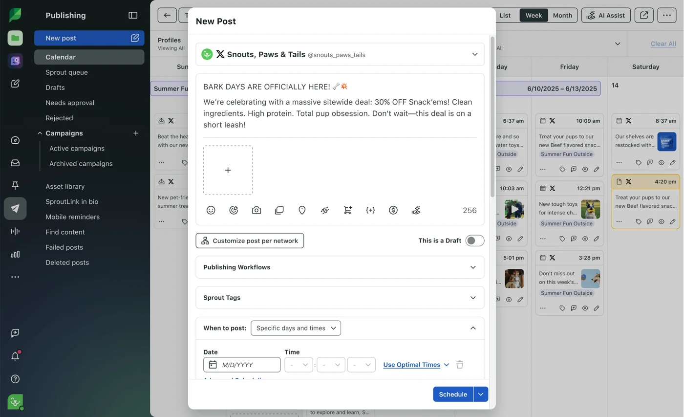 Sprout Social composer scheduling an X post from the calendar Sprout Social composer scheduling an X post from the calendar