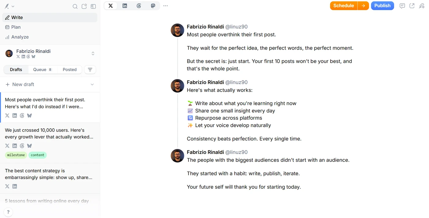 Typefully thread composer showing a multi-post X thread and drafts Typefully thread composer showing a multi-post X thread and drafts