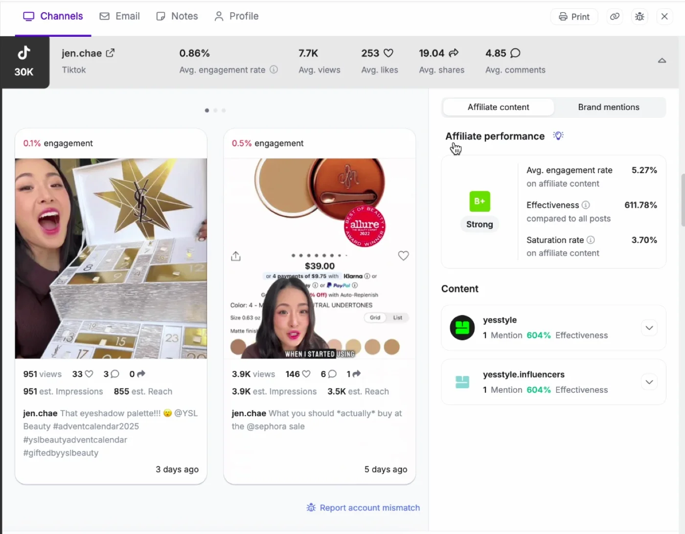 Upfluence creator profile showing TikTok engagement rates and affiliate performance Upfluence creator profile showing TikTok engagement rates and affiliate performance